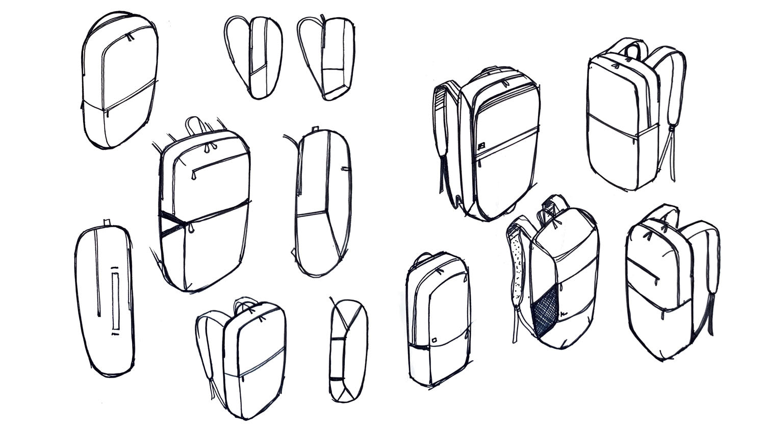 Hand-drawn sketches of backpacks from various angles showing design concepts for everyday carry bags.