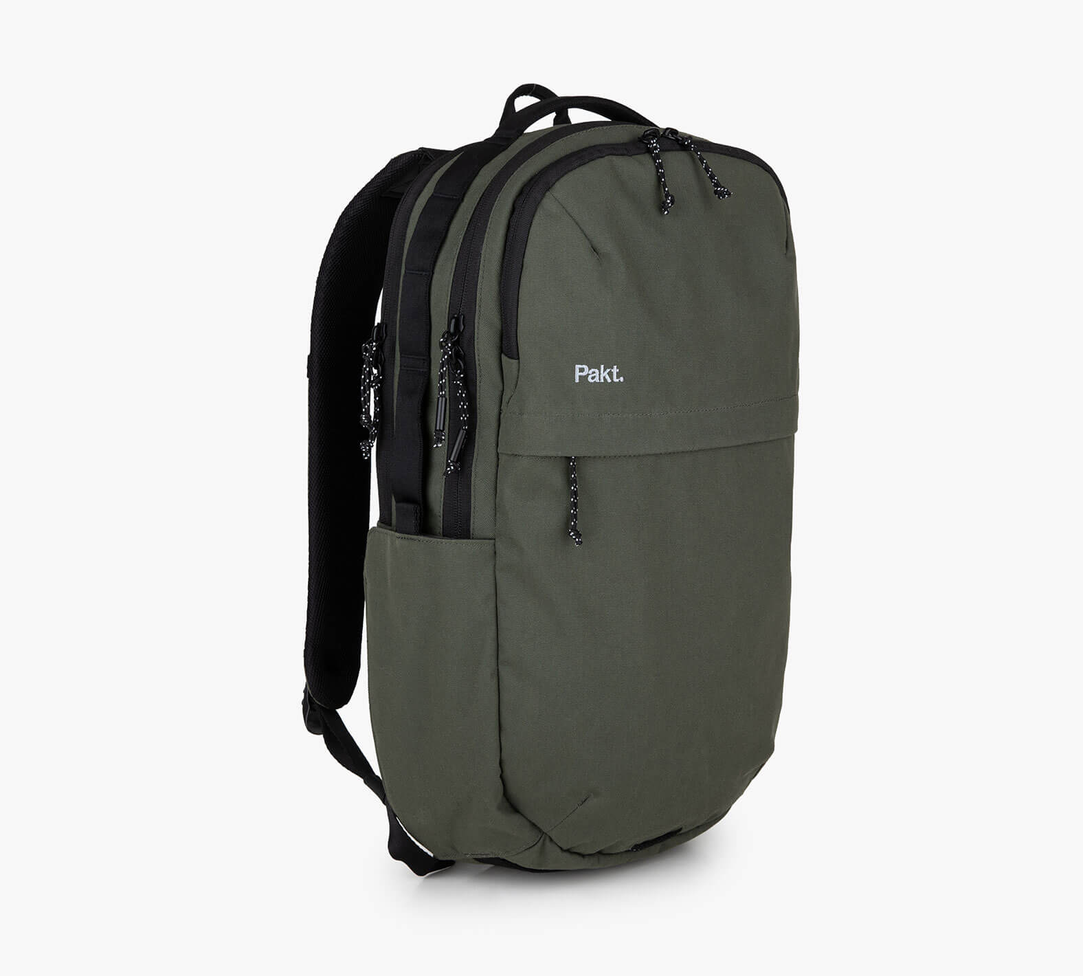 Olive-green Pakt. backpack with two zip compartments, front pocket and side bottle pocket