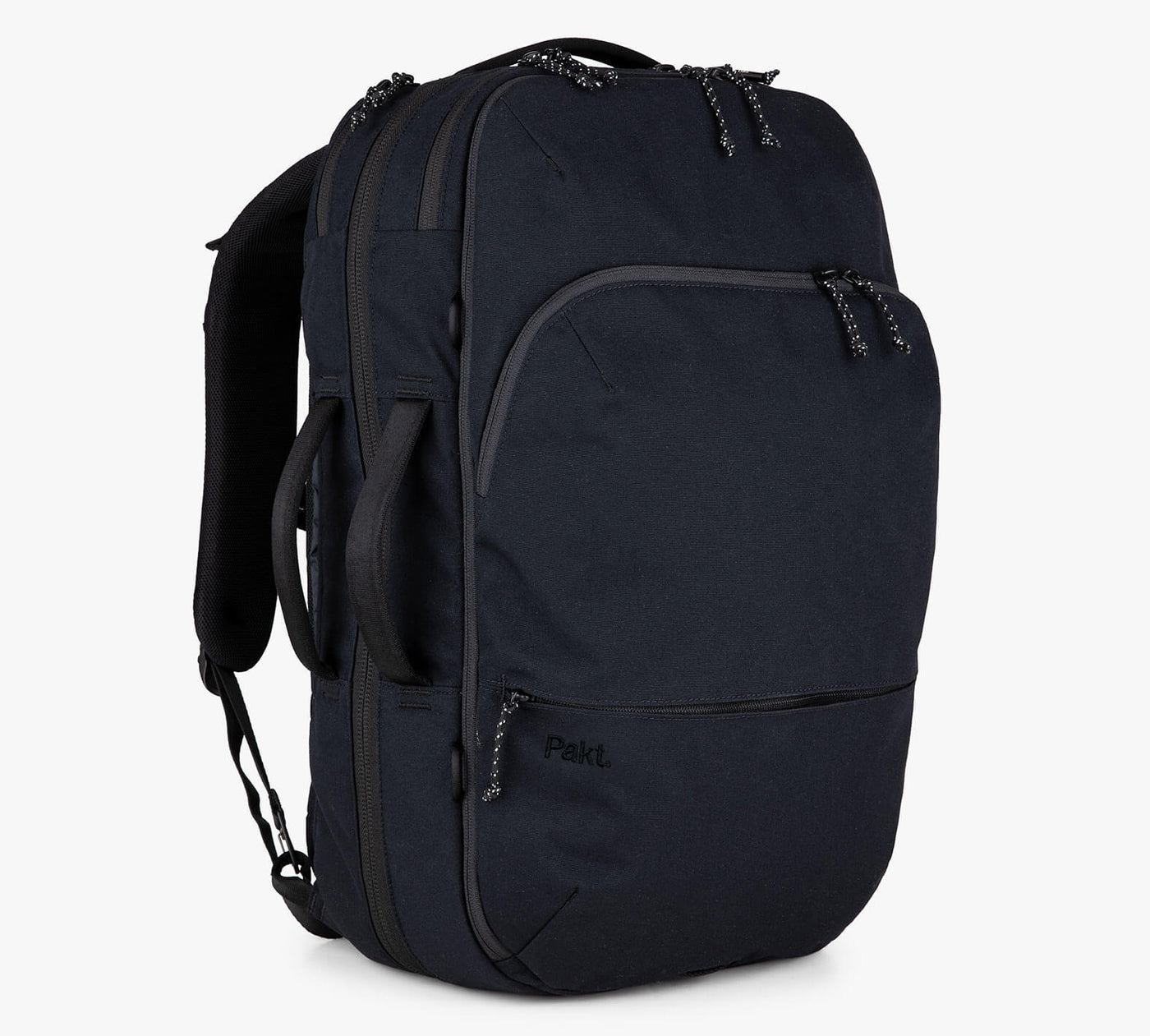 Black travel backpack with multiple compartments and the brand name 'Pakt' embroidered on the front pocket.