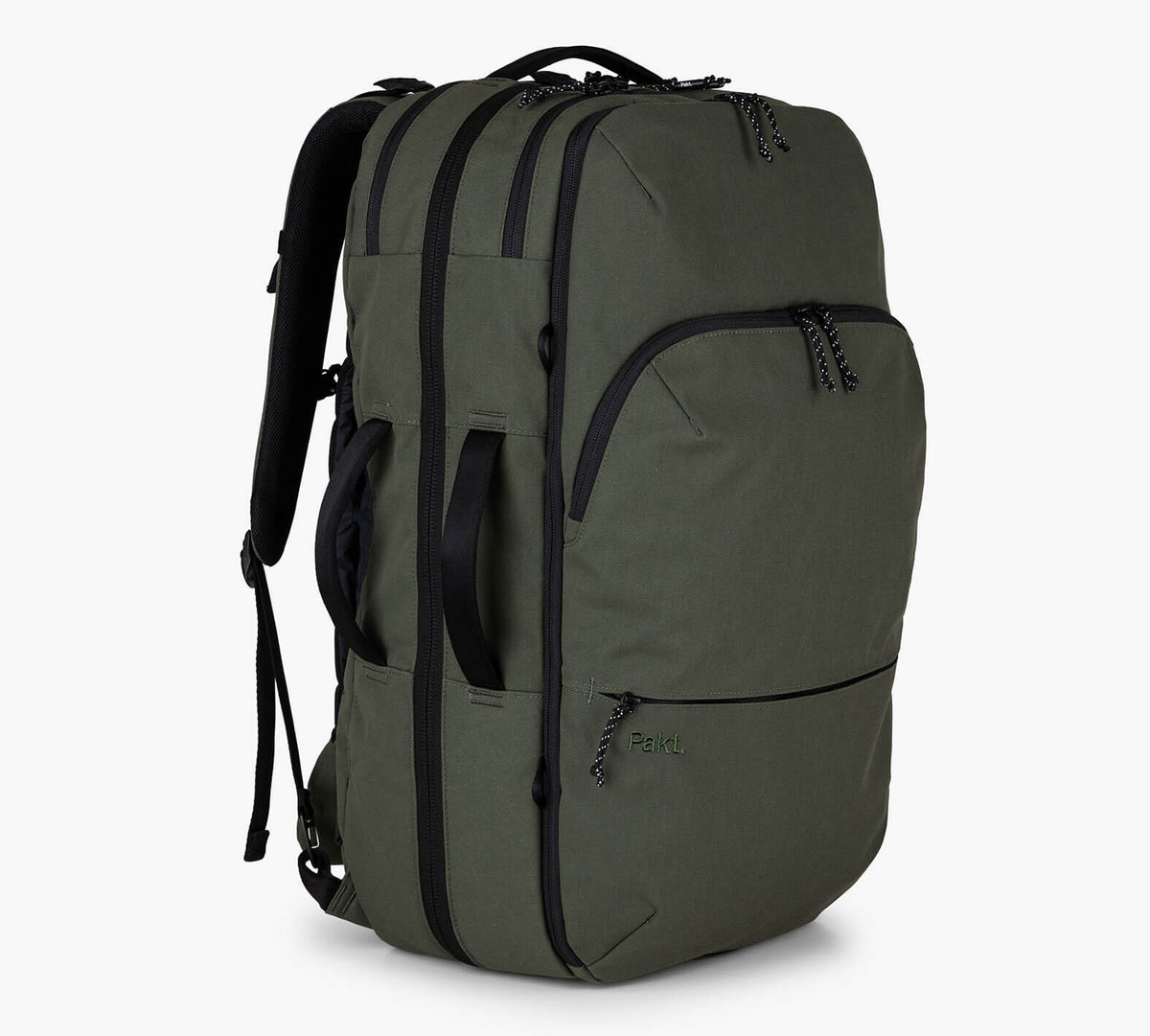 Olive-green travel backpack with multiple zip compartments, padded shoulder straps, and side grab handles.