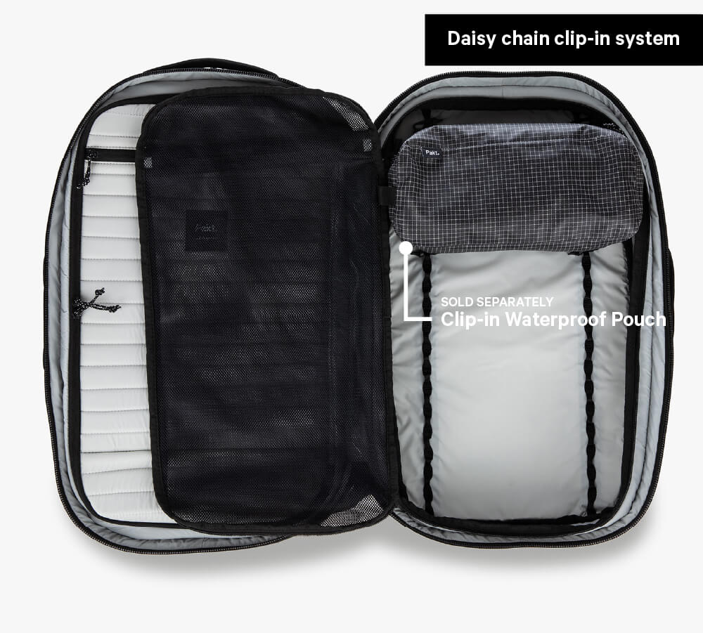An open Travel Backpack showing interior compartments with labels: 'Daisy chain clip-in system' and 'Clip-in Waterproof Pouch'.