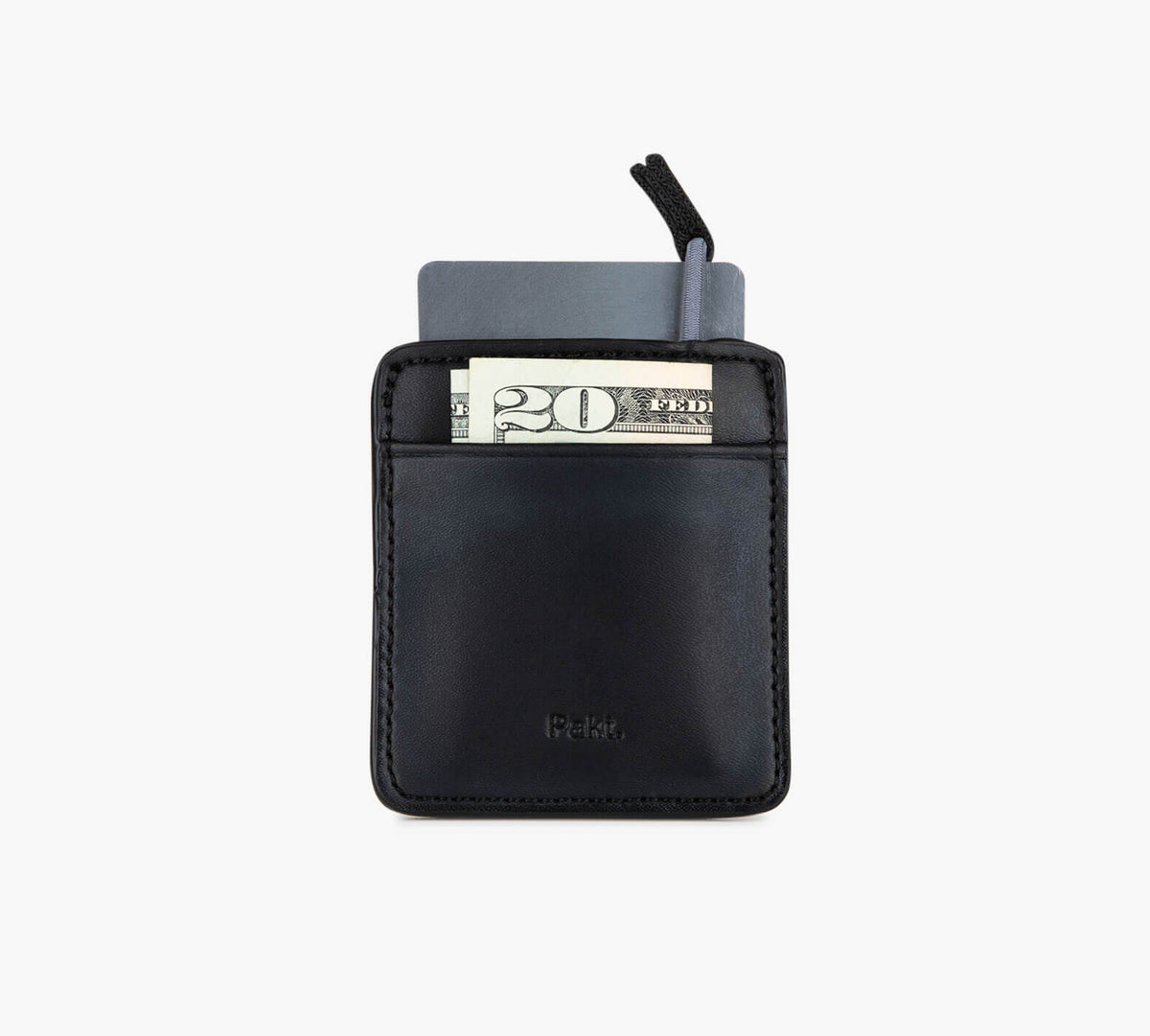 Slim black leather card pocket holding a gray card and a folded bill showing "20" in front.