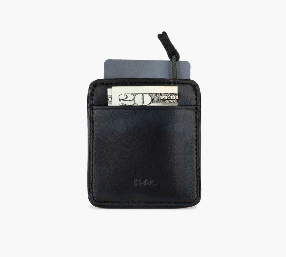 Black slim leather cardholder with pull-tab, showing a card and a visible bill marked "20" in the front pocket.