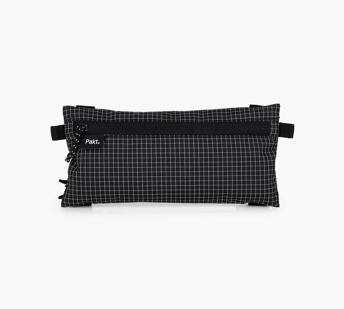 Flat clip-in pouch in black grid fabric with zipper and visible label reading 'Pakt.'