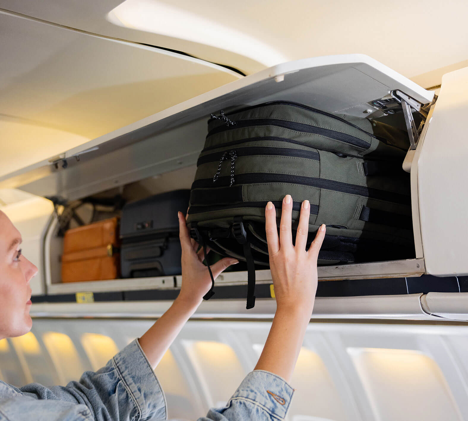 Green Travel Back Pack fitting in overhead storage in plane