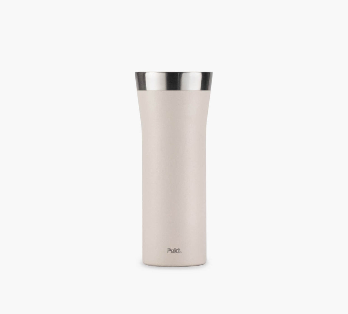Beige slim insulated travel tumbler with stainless-steel rim and small logo near base.