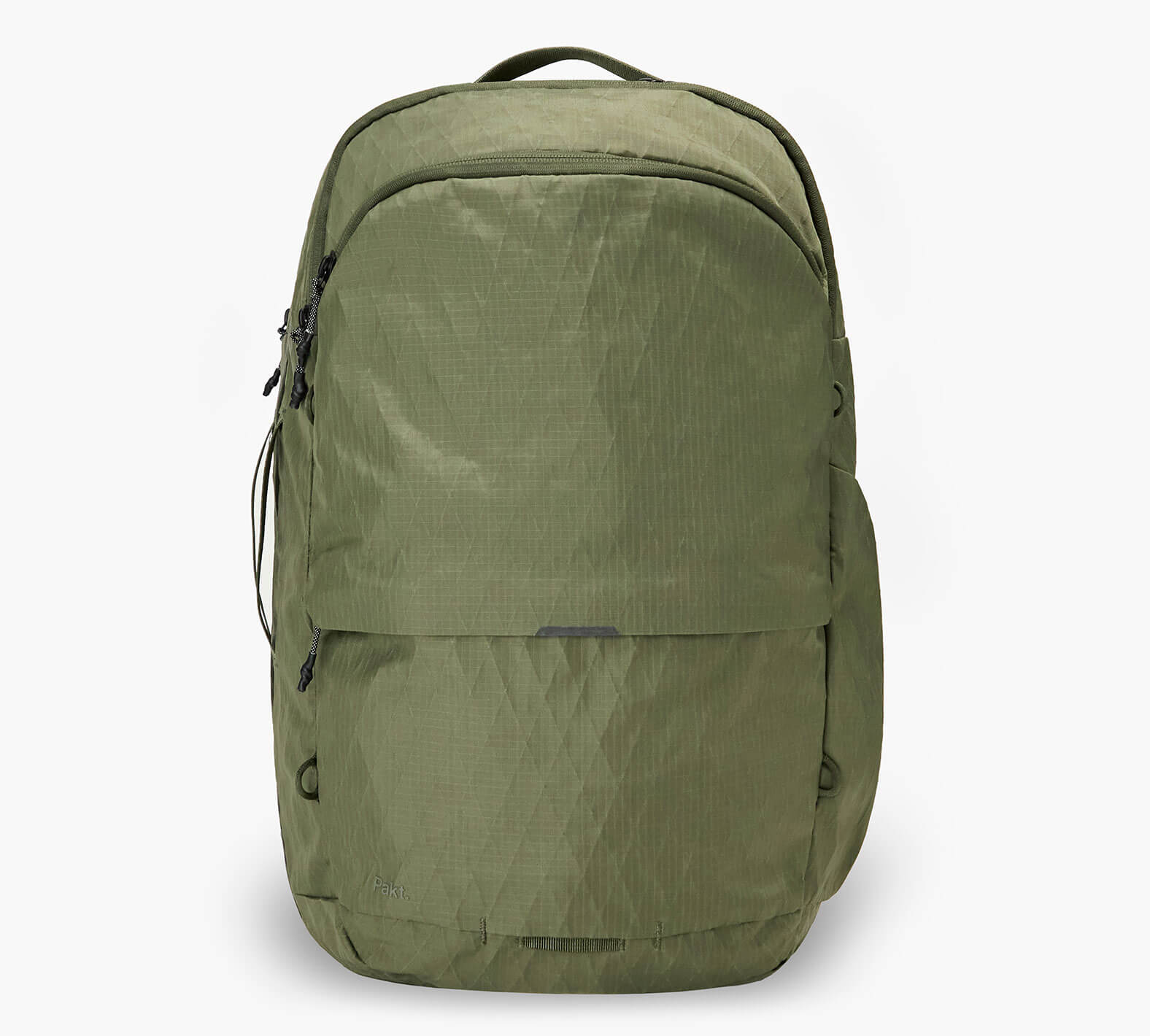 Olive green everyday backpack with top handle, front zip pocket, and minimalist nylon exterior.