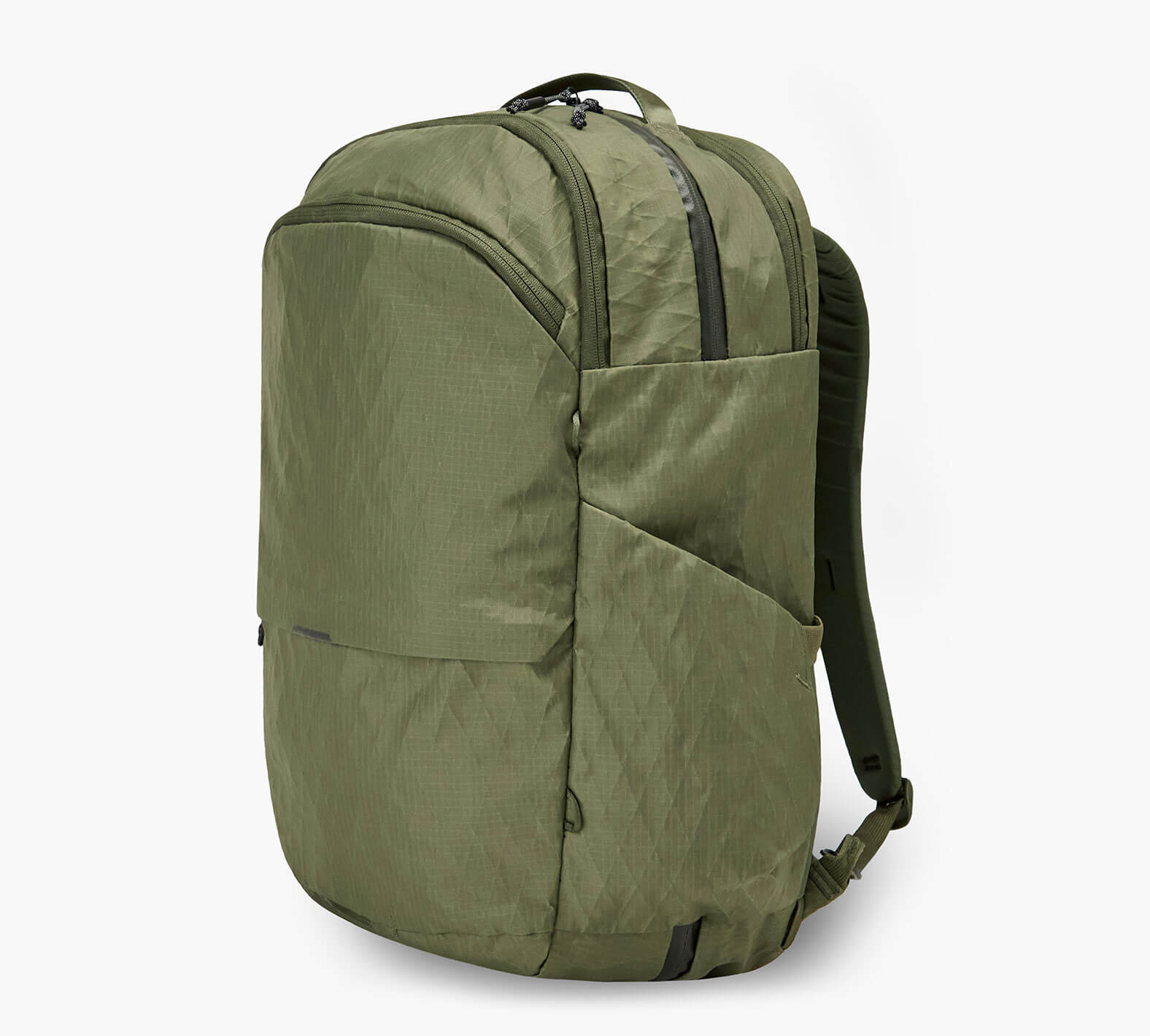 Cypress green daypack-style backpack with two zip compartments, padded straps, and side pockets.