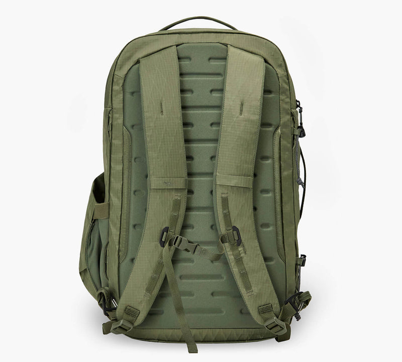 Olive-green tactical backpack back panel and shoulder straps with MOLLE webbing and padded lumbar support.