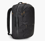 Black travel backpack with two front zip compartments, padded shoulder straps, top carry handle