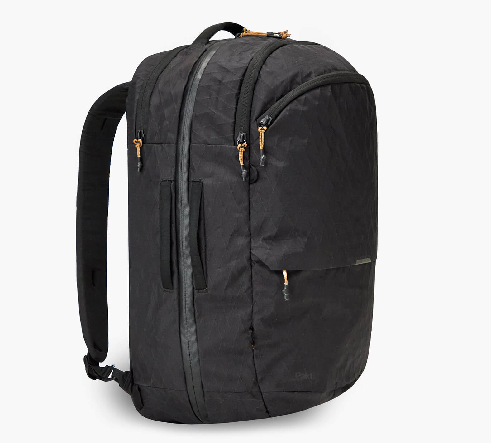 Three-quarter view of Cero Travel backpack in black showing vertical front zipper, padded shoulder straps, diamond ripstop fabric texture, and tan zipper pulls on white background