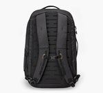 Back view of black backpack with padded shoulder straps, sternum strap buckle, and ventilated back panel.