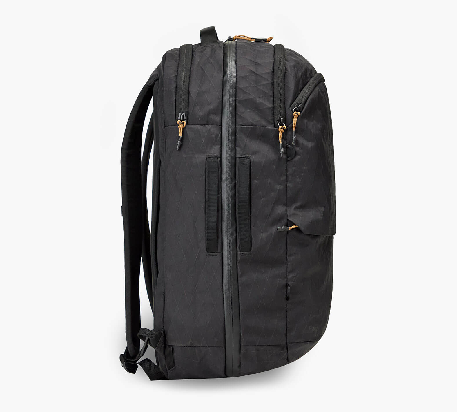 Side view of black travel backpack with vertical water-resistant zipper, diamond-pattern fabric and shoulder straps.