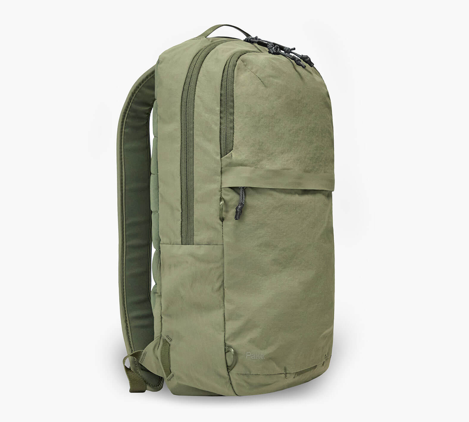 Three-quarter front view of Stash Packable Backpack 16L showcasing cypress recycled nylon and front zip pocket on white background