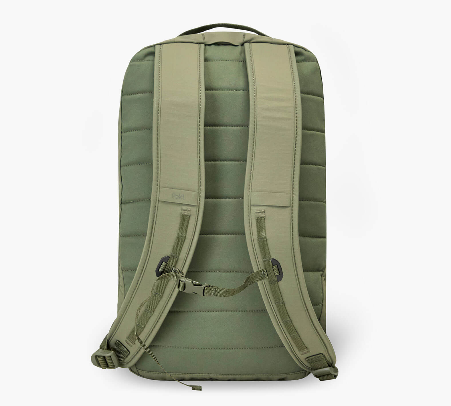Padded olive-green backpack back panel with dual shoulder straps and adjustable sternum strap