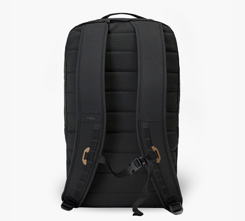Black padded backpack, rear view showing shoulder straps, sternum strap, and luggage pass-through