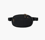 Black waist bag (fanny pack) with front zip pocket and tan leather zipper pulls, adjustable strap.