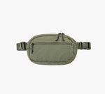 olive-green nylon waist bag with two zippered pockets and adjustable side-buckle strap