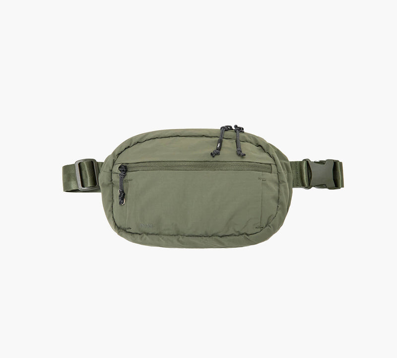 olive-green nylon waist bag with two zippered pockets and adjustable side-buckle strap