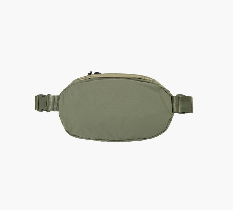 olive-green zippered waist bag (fanny pack) with adjustable straps