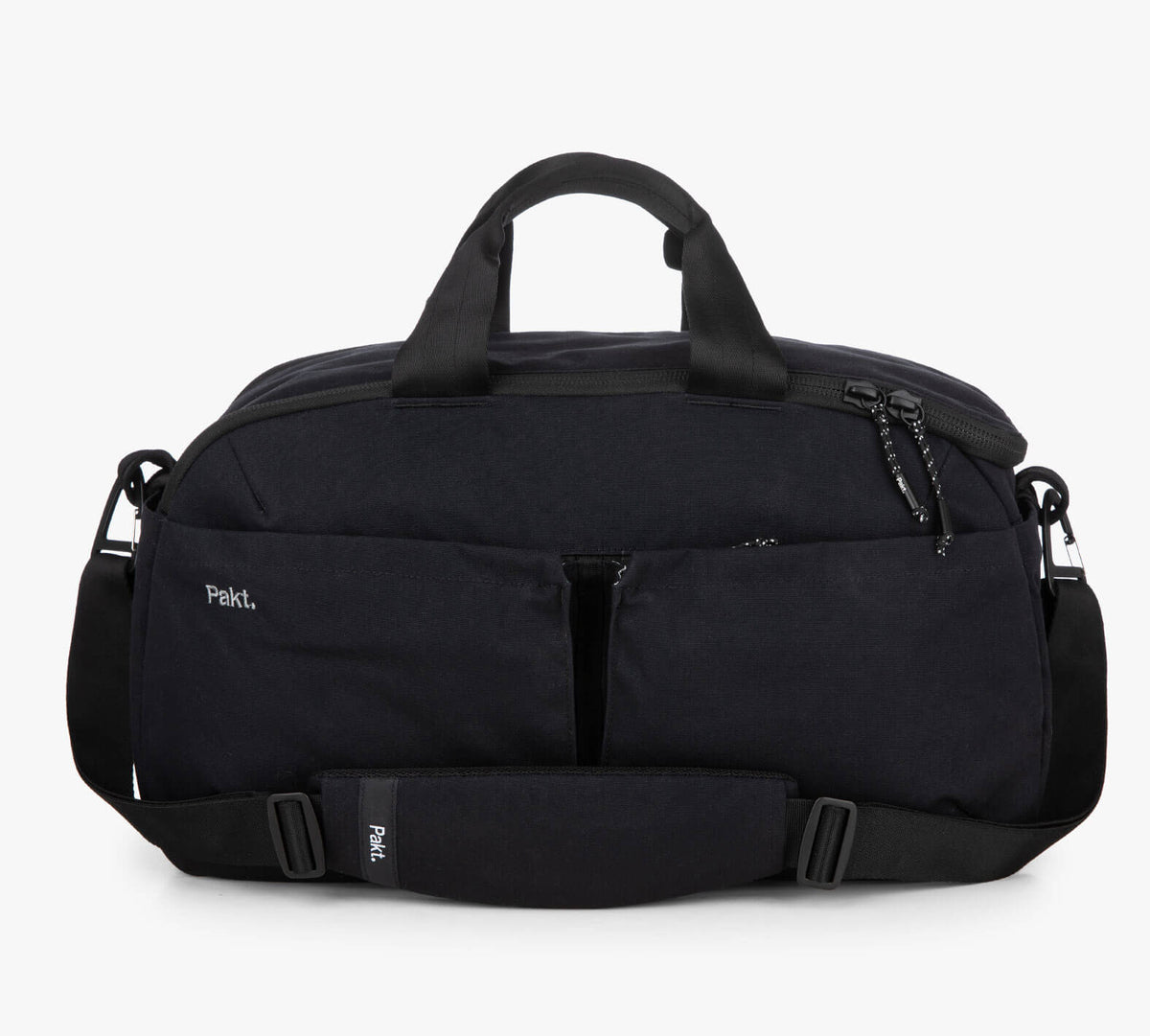 black Pakt. duffel bag with shoulder strap, dual front pockets, and top handles