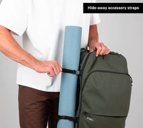 Travel Backpack Green storage space demonstrated with yoga mat
