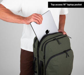 Travel Backpack Green holding laptop
