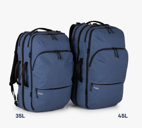 two blue travel backpacks