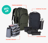 Bundle: Travel Backpack + 15L Bag + Packing Cube Set + Clip-in Pouch Set