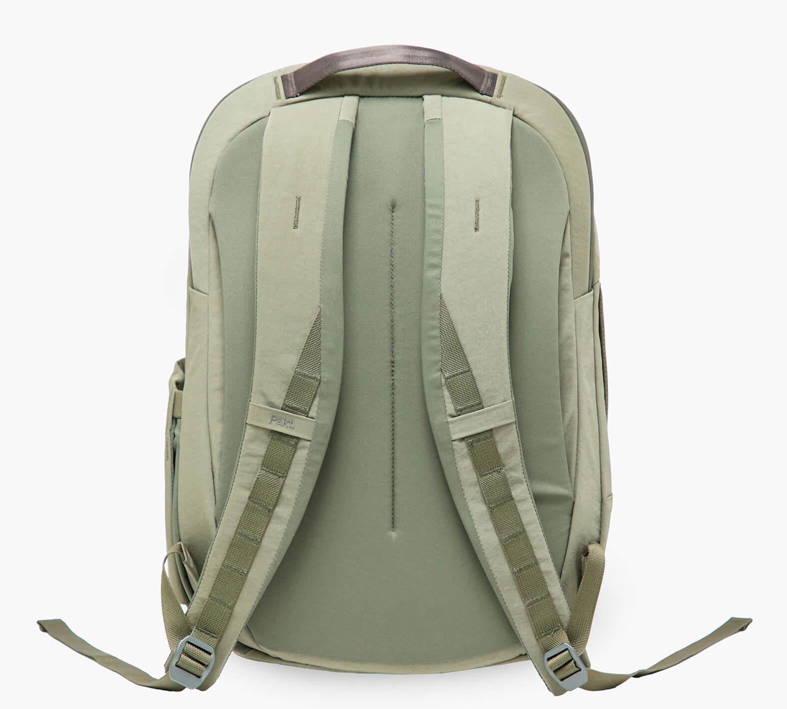 Back of sage-green backpack showing padded back panel and adjustable shoulder straps