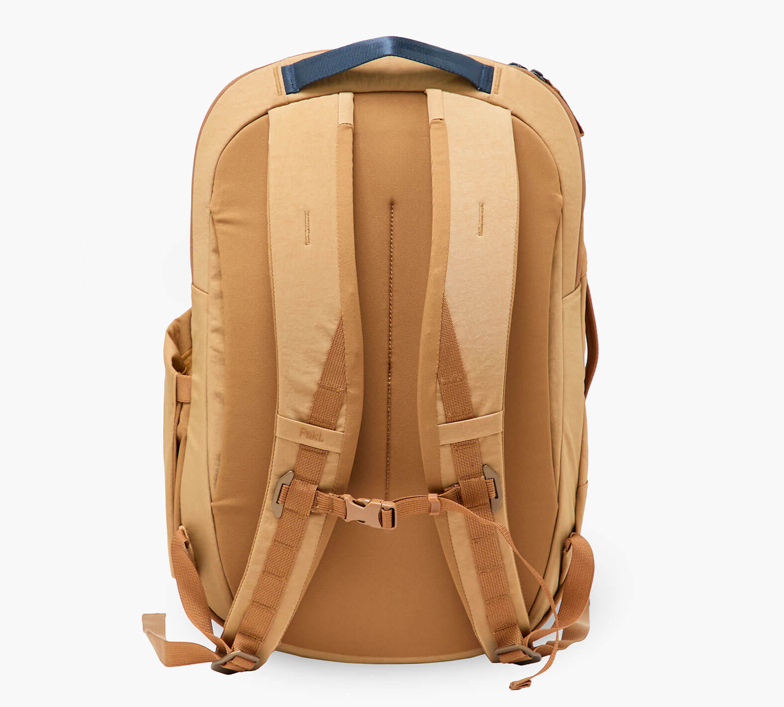 Tan backpack, rear view with padded shoulder straps, sternum strap, top handle, and adjustable hip straps.