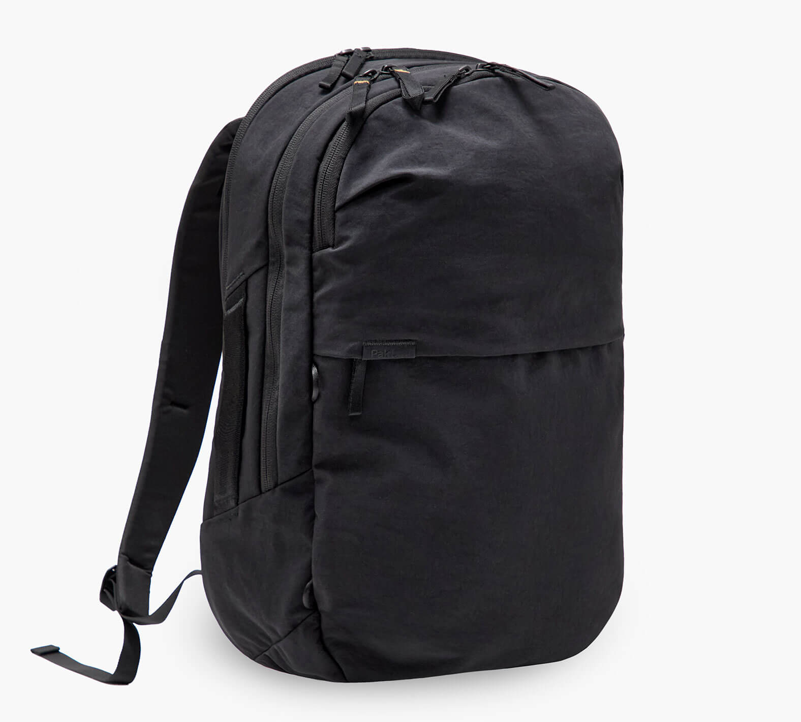 Black commuter backpack with two zip compartments, front zip pocket and padded shoulder straps.
