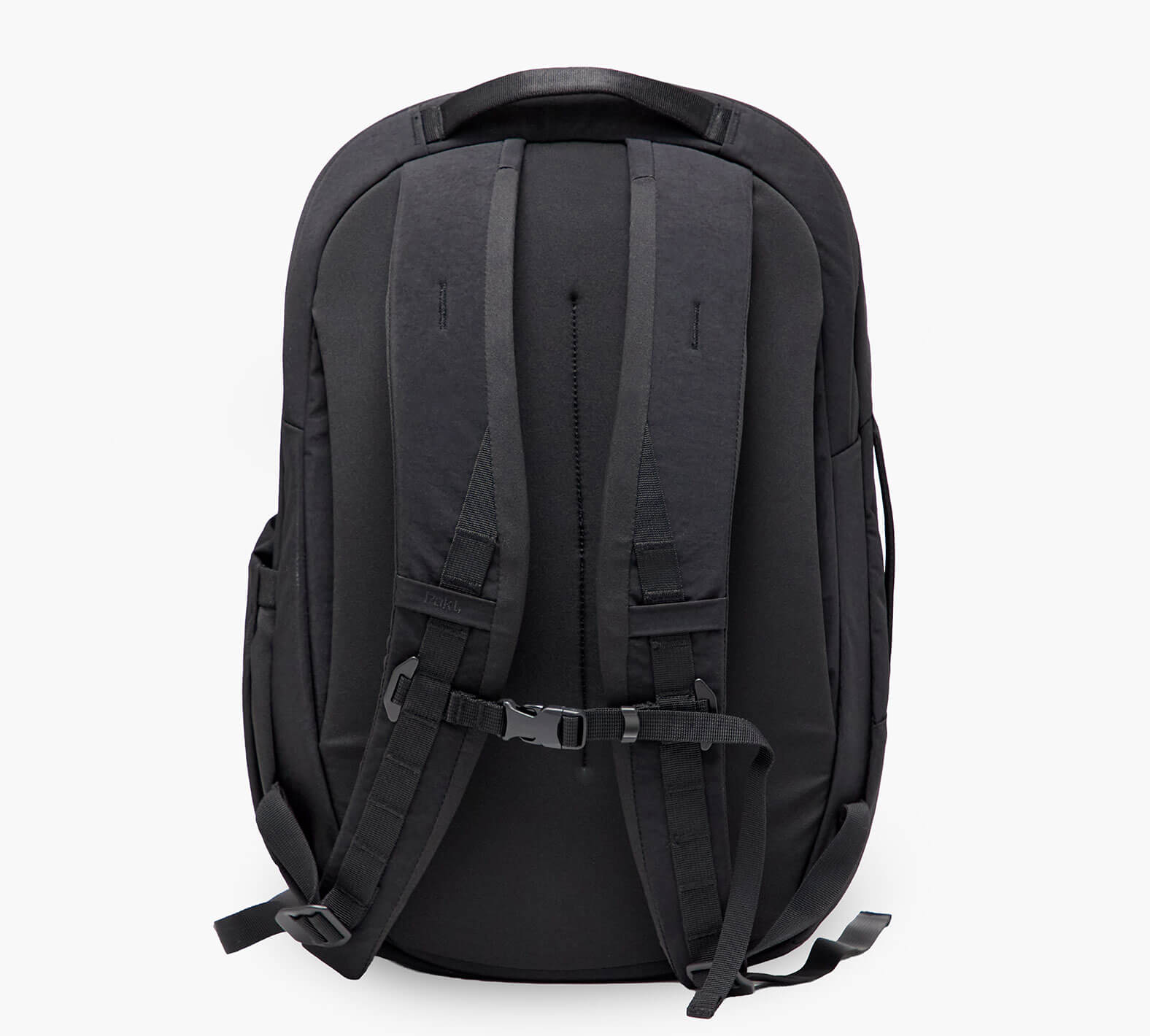 Back view of black backpack showing padded shoulder straps, sternum strap, and top carry handle.