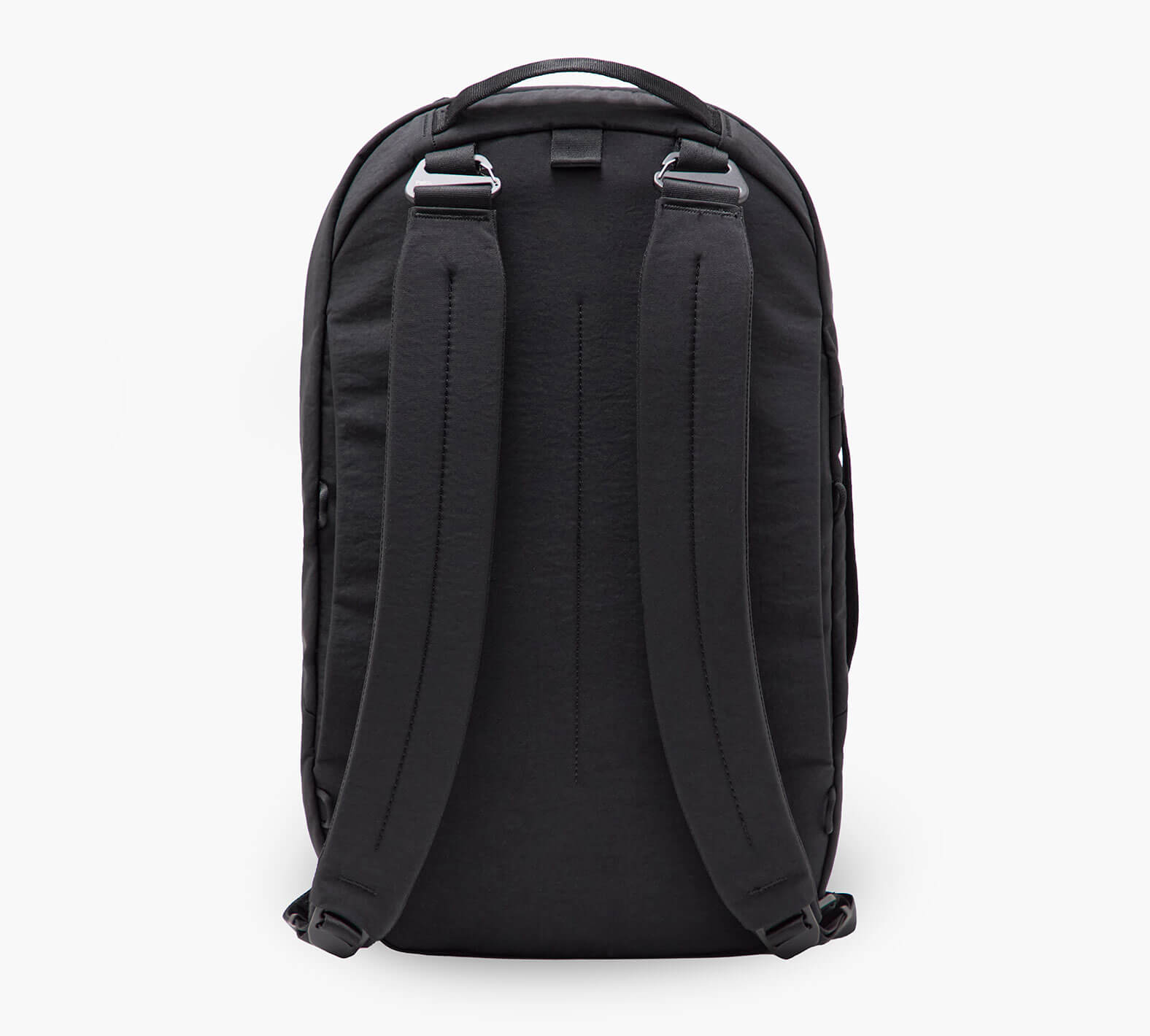 Back view of a black backpack showing shoulder straps and top carry handle.