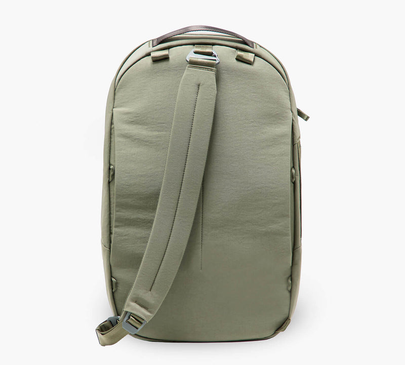 Olive-green backpack shown from the back with one padded shoulder strap and top grab handle.