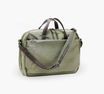 Olive-green canvas messenger shoulder bag with top handles, front zip pocket, and adjustable shoulder strap