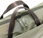 Olive-green canvas duffel bag top handles with dual zipper pulls