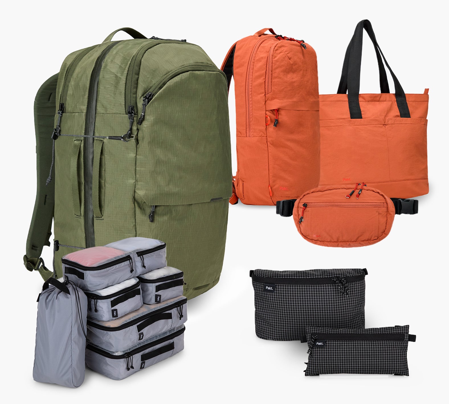 Angled view of Cero Travel backpack in cypress with mojave tote, clip-in pouch, gray cubes and black organizers