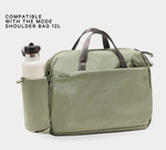 Olive bottle sleeve on Mode bag holding white bottle; header reads COMPATIBLE WITH THE MODE SHOULDER BAG 12L; Pakt