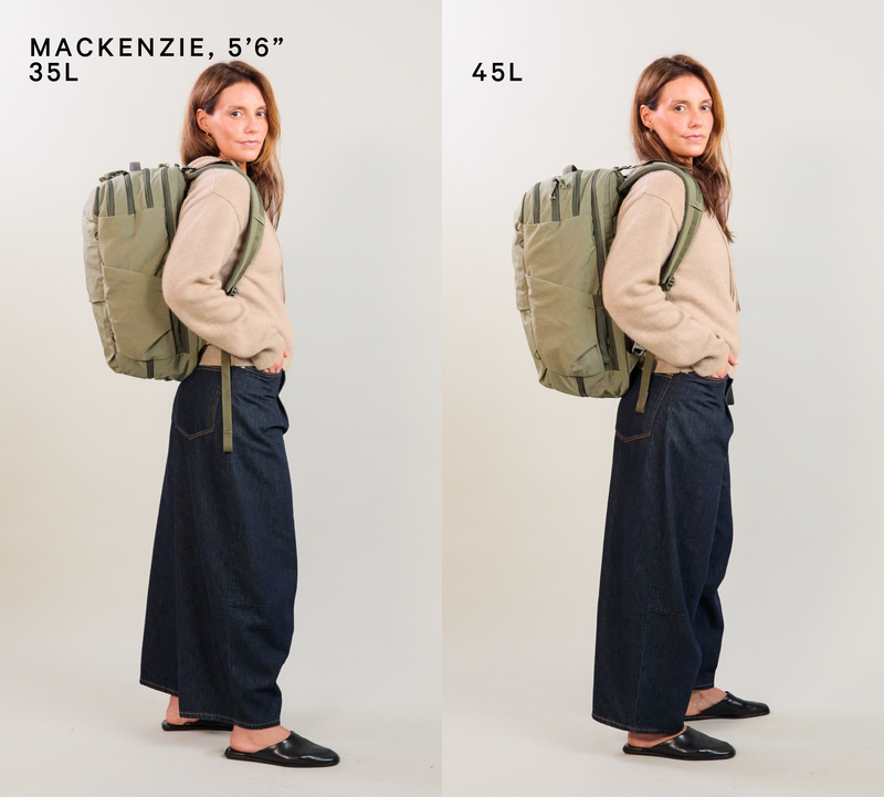 Model Mackenzie wearing Pakt One backpacks side-by-side, left labeled 'MACKENZIE, 5'6" 35L', right labeled '45L'.