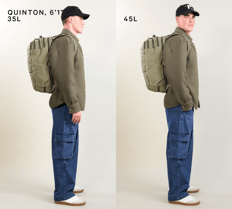 QUINTON, 6'1" wearing Pakt One Travel Backpack — 35L (left) and 45L (right)