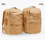 Two tan travel backpacks side-by-side, left labeled 35L and right labeled 45L.