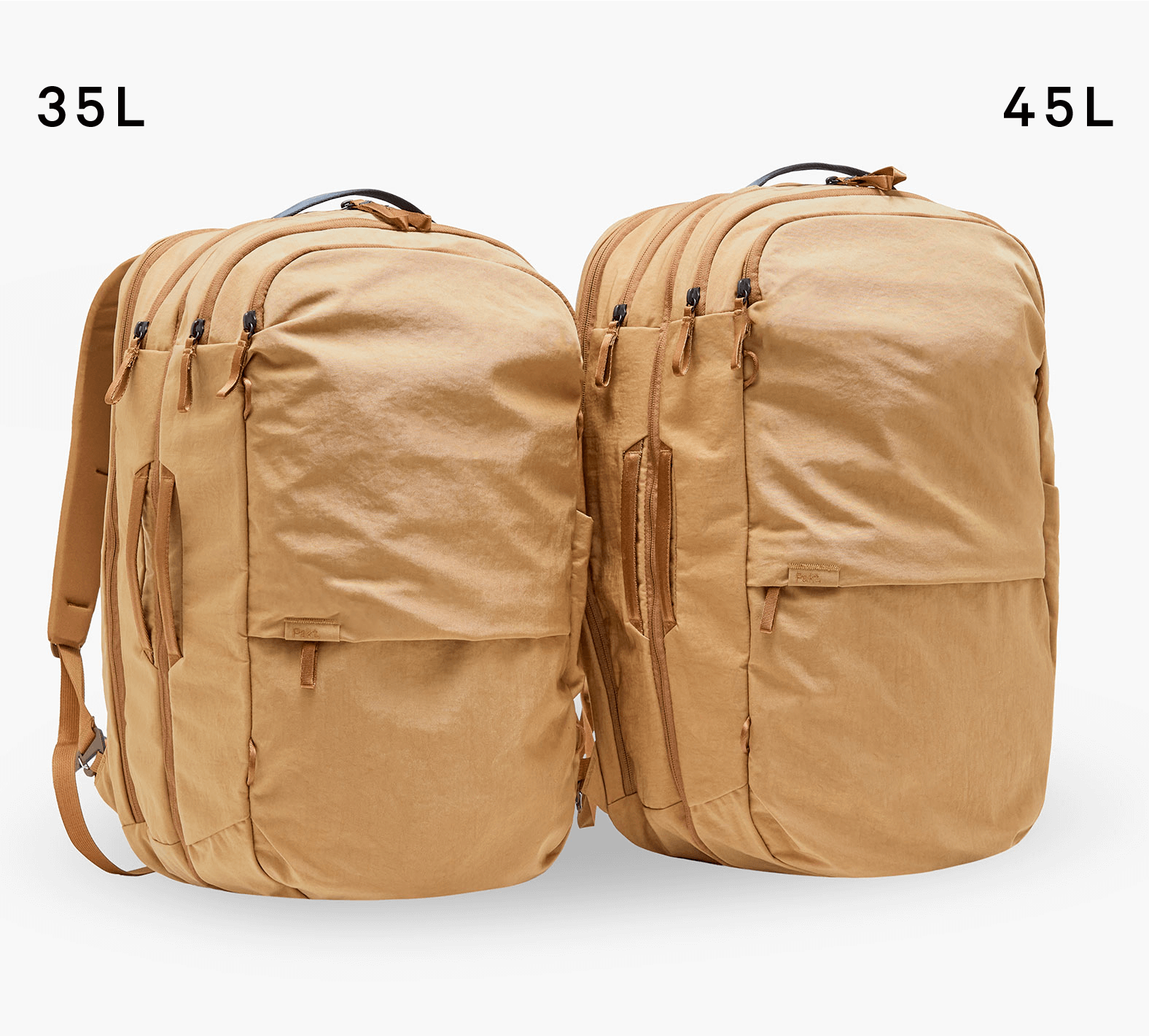 Two tan travel backpacks side-by-side, left labeled 35L and right labeled 45L.