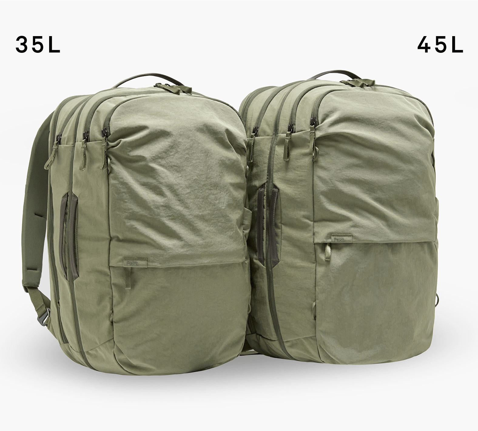 Front view of Pakt One Travel Backpack 35L and 45L in cypress showing front pocket and zipper compartments