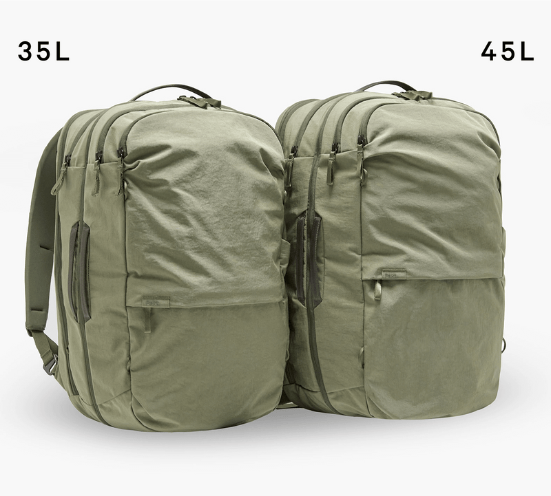 Two olive-green travel backpacks side-by-side, labeled 35L and 45L