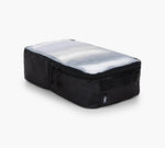 Black rectangular packing cube with clear top panel and zippered side pocket