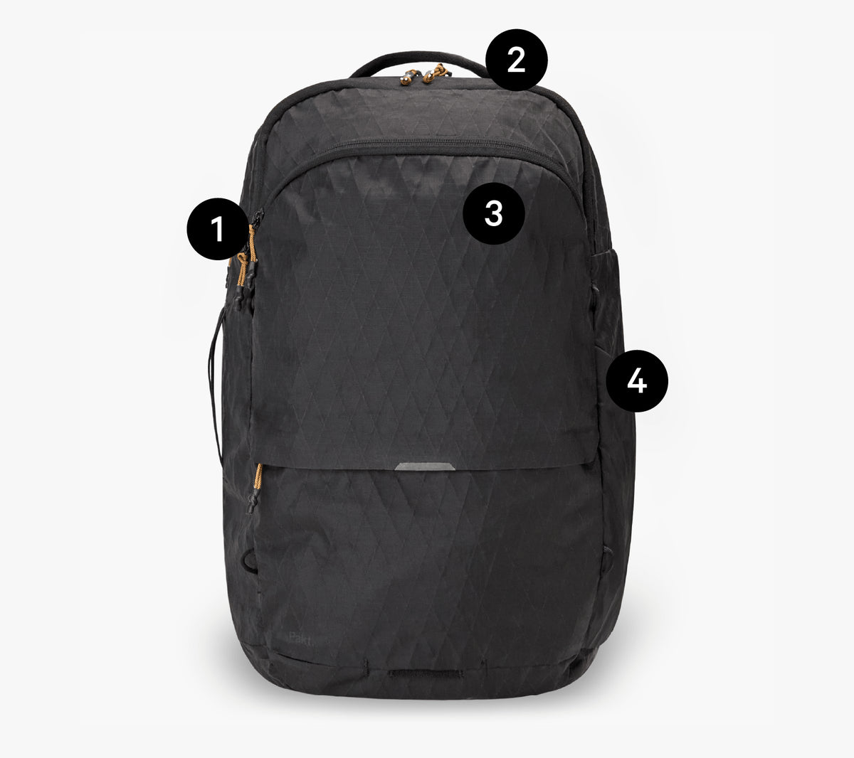 Front view of Cero Travel Backpack showcasing quick-access zippers, top handle, key clip pocket, and water bottle pocket