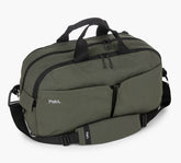 olive-green Pakt. duffel bag with shoulder strap, top handles and front zip pocket
