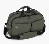 Olive green Pakt. weekend duffel bag with detachable shoulder strap and front zipper pockets