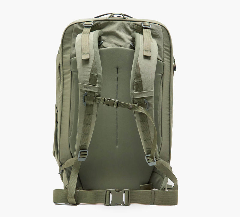 Olive-green backpack back view with padded back panel, adjustable shoulder straps, sternum strap, and padded waist belt
